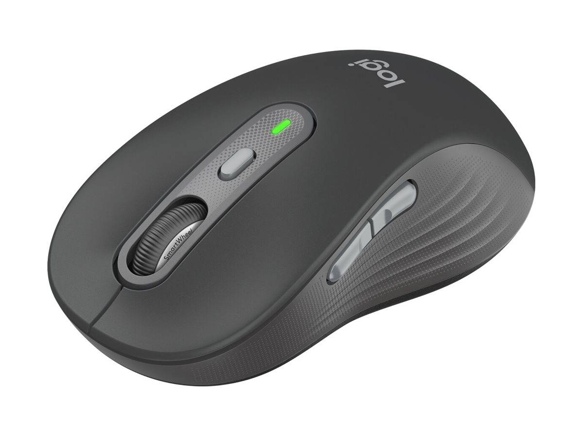 Schwarze kabellose Logitech-Computermaus mit Scrollrad, zentraler Taste, grünem Statuslicht und Seitensteuerungen auf weißem Hintergrund
