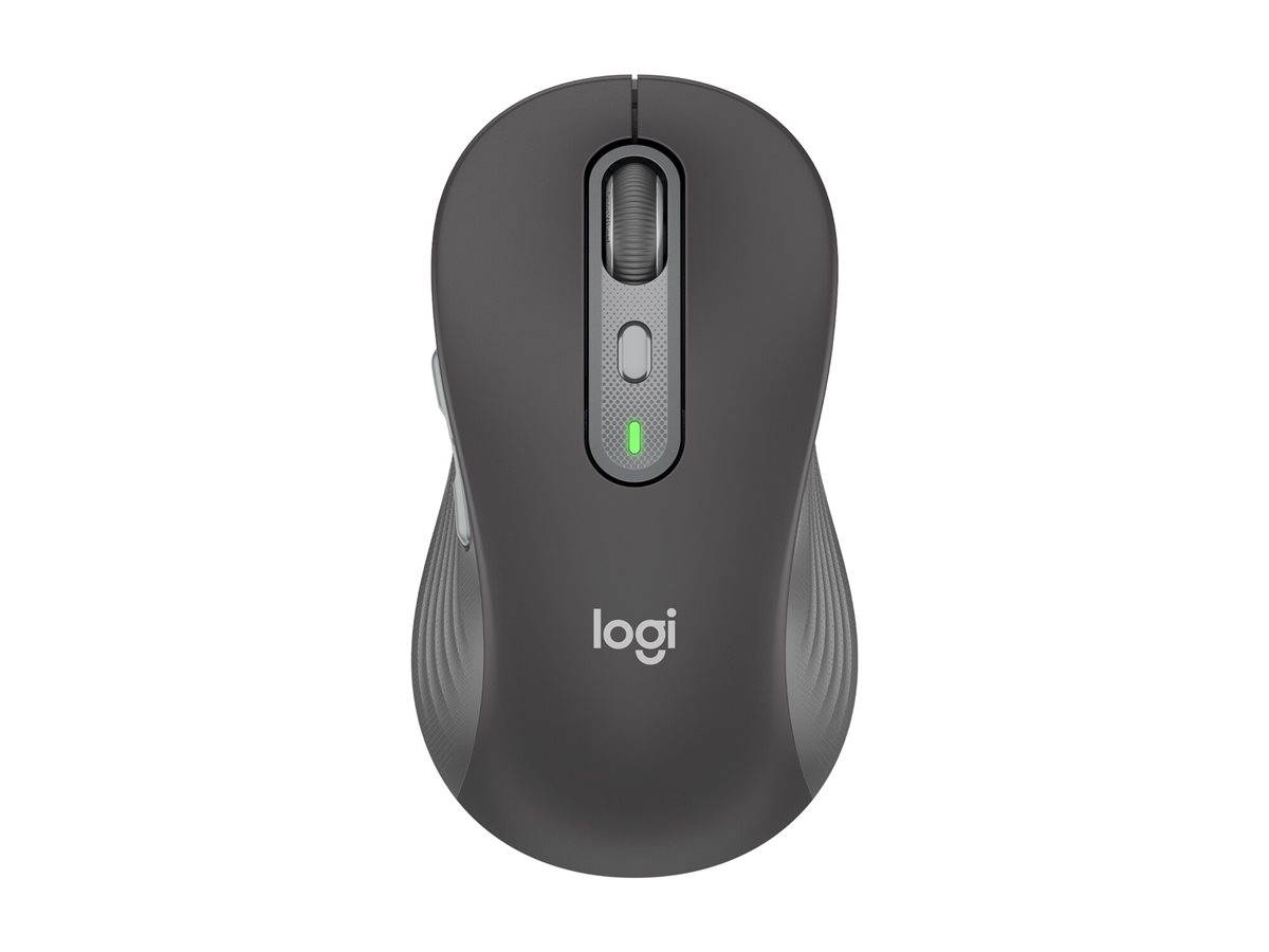Draufsicht einer schwarzen kabellosen Logitech-Maus mit Scrollrad, Mitteltaste und grünem Batterieanzeiger.