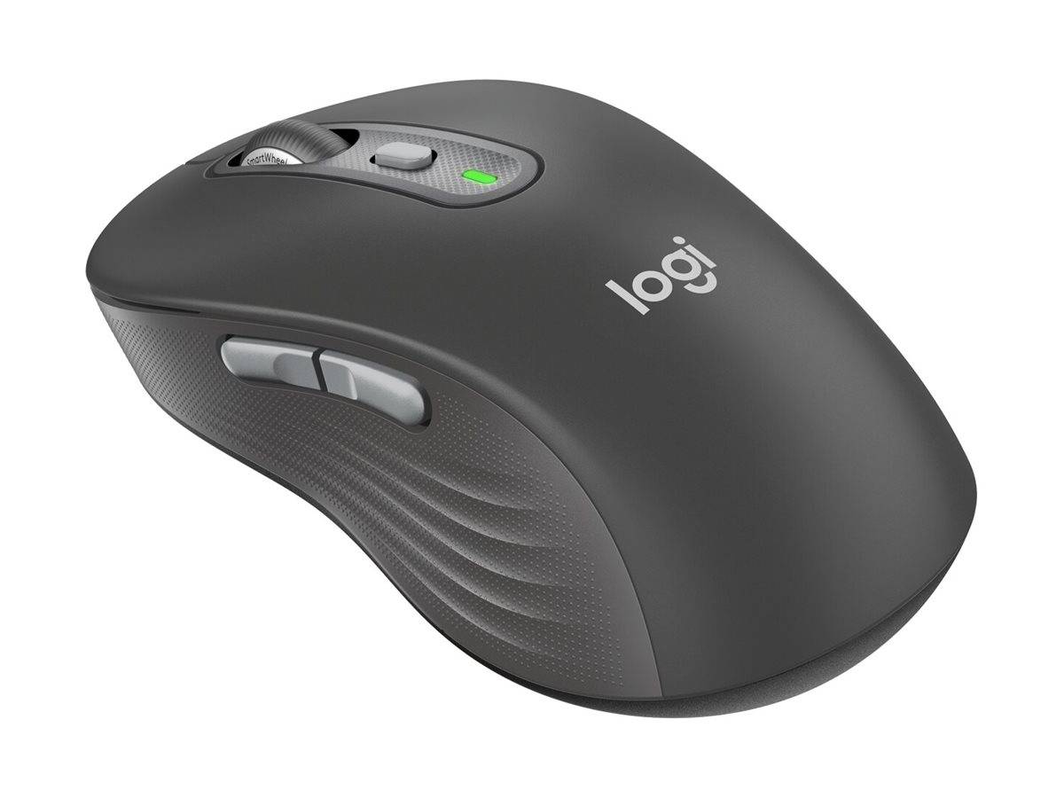 Schwarze kabellose Logitech-Maus mit Scrollrad, oberen Tasten und seitlichen Daumentasten auf weißem Hintergrund dargestellt.