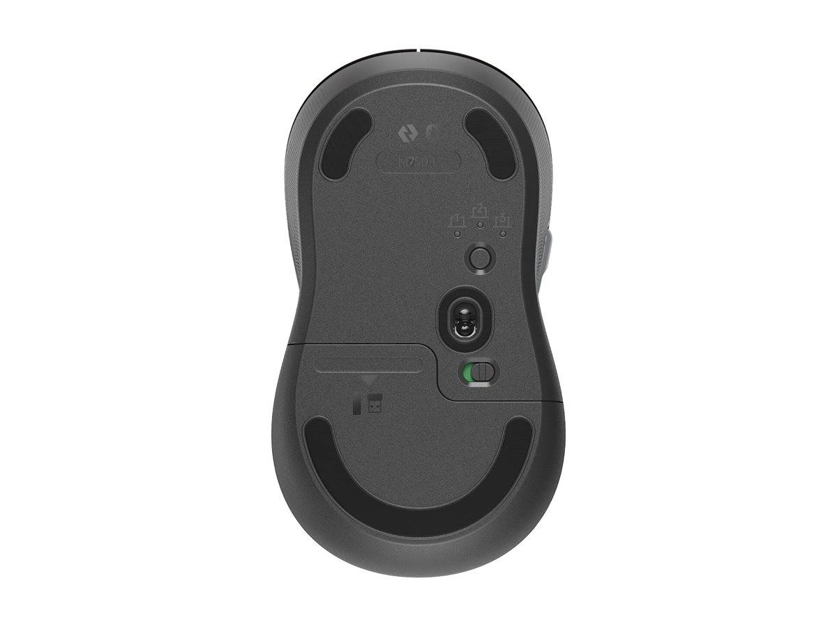 Unteransicht einer schwarzen kabellosen Maus, die den Sensor, den Stromschalter und die Kopplungsschaltfläche zeigt.