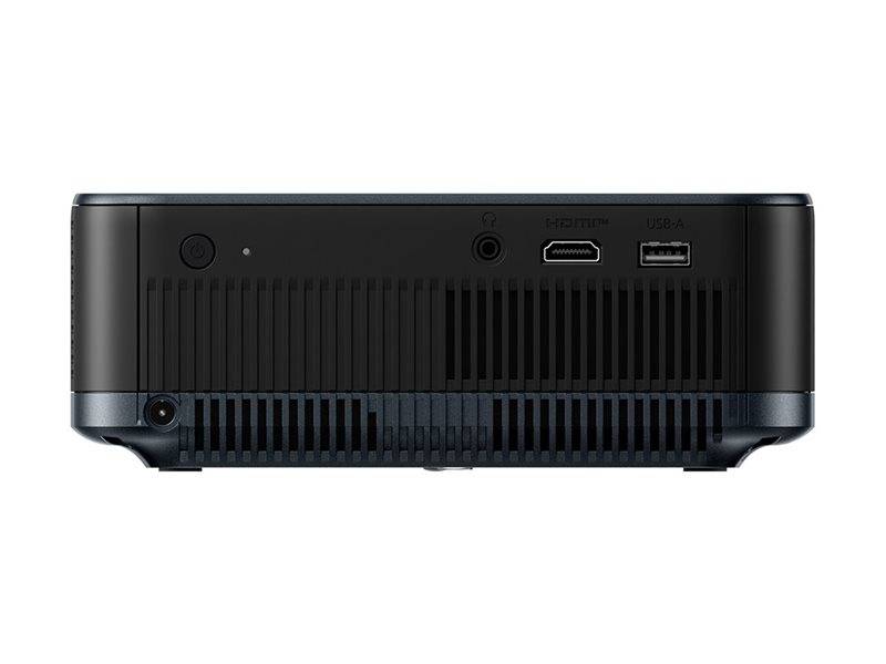 Eine Nahaufnahme der Rückseite eines schwarzen elektronischen Geräts mit einem Einschaltknopf, einem Audioausgang, einem HDMI-Anschluss und einem USB-A-Anschluss.