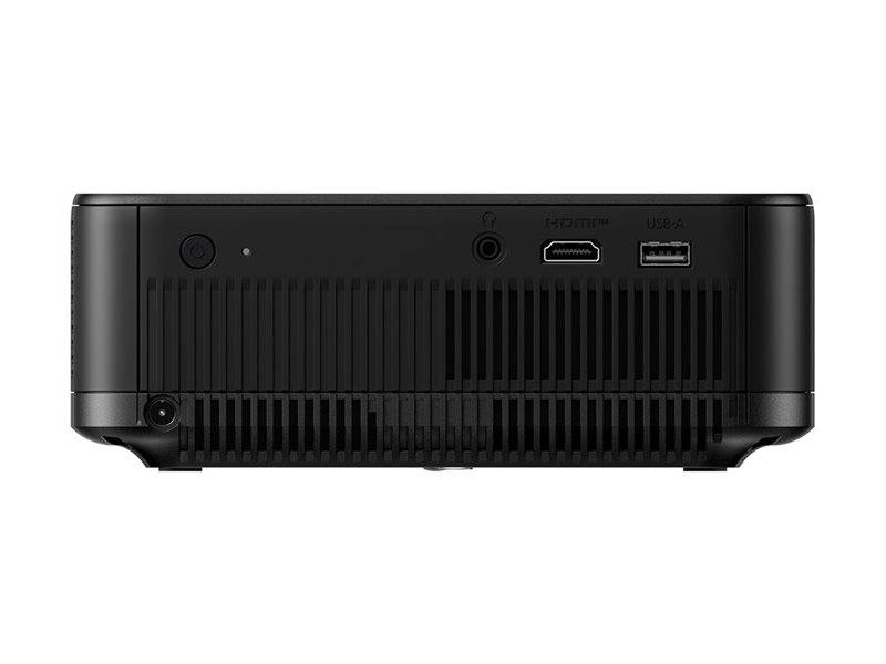 Rückansicht eines schwarzen elektronischen Geräts mit Einschaltknopf, Kopfhörerbuchse, HDMI-Anschluss und USB-A-Port.