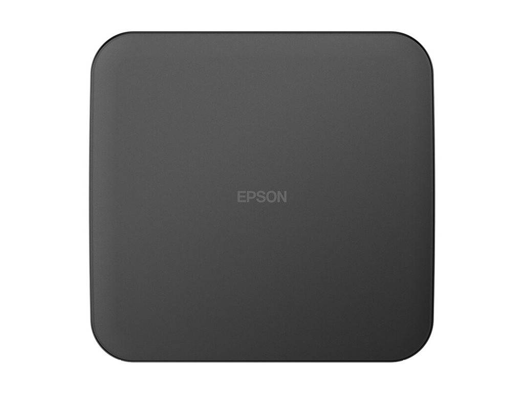 Ein schwarzer, quadratischer Flachbettscanner mit abgerundeten Ecken, auf dem in der Mitte der Markenname 'EPSON' angebracht ist.