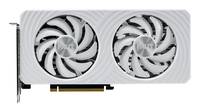 Eine weiße Computer-Grafikkarte mit zwei großen Kühlventilatoren, die ein schlankes Design und einen PCIe-Anschluss aufweist, geeignet für Gaming und grafikintensive Aufgaben.