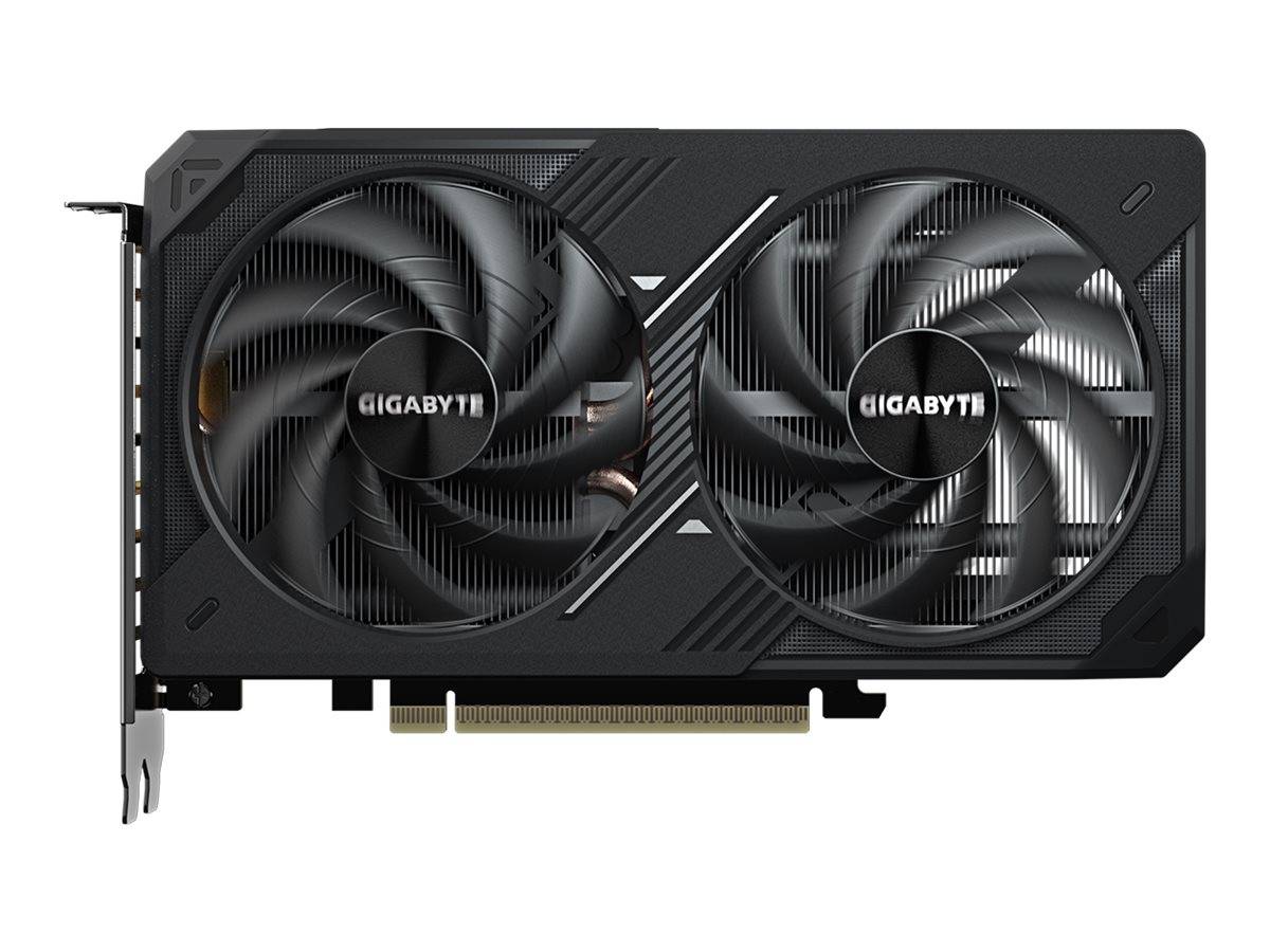 Grafikkarte von Gigabyte mit doppeltem Lüfter, schwarzem Kühlkörper und PCIe-Steckverbinder, Vorderansicht auf weißem Hintergrund.