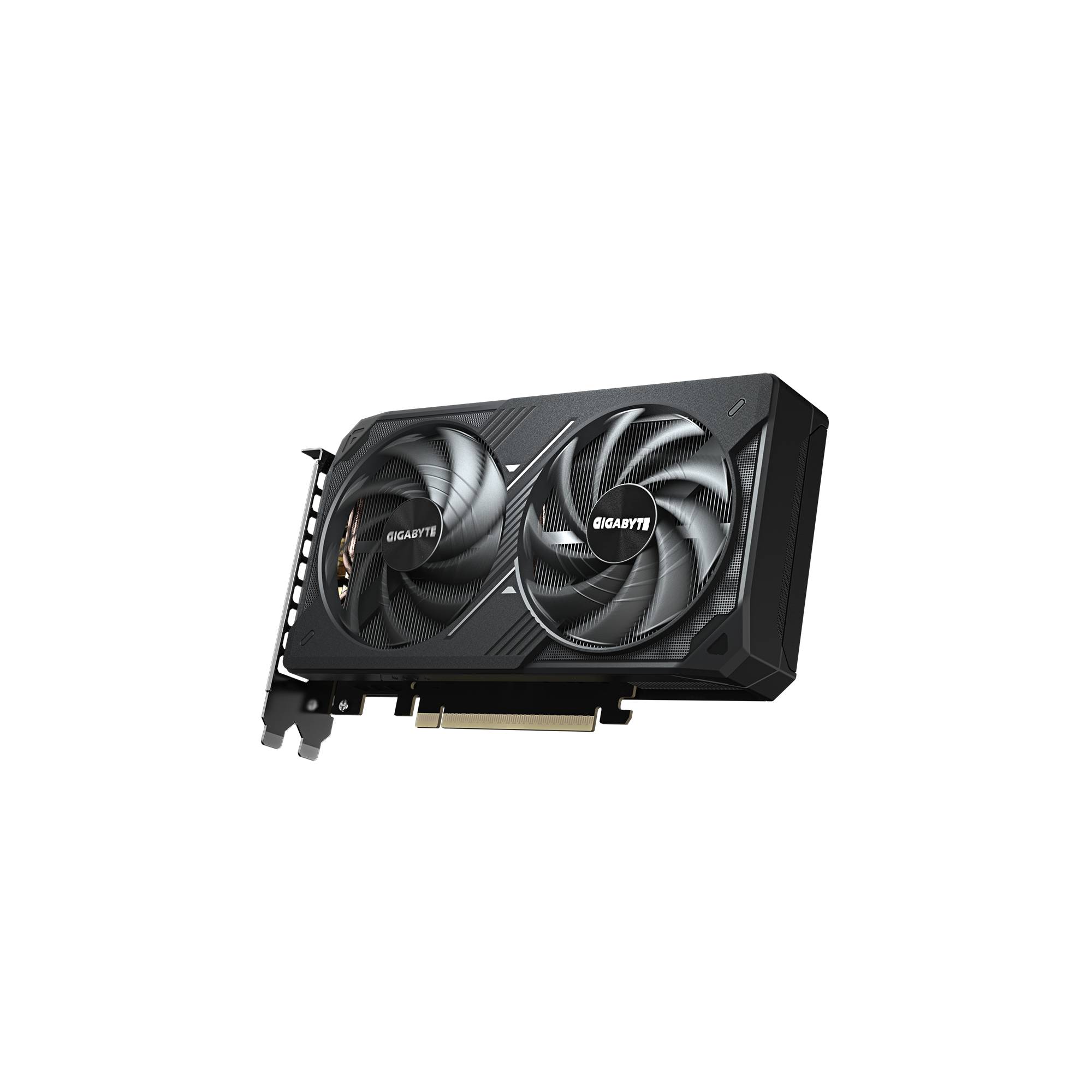 Schwarze Grafikkarte von Gigabyte mit doppeltem Lüfter auf einfachem schwarzem Hintergrund, im Winkel angeordnet, um die Kühlungslüfter und den PCIe-Anschluss zu zeigen.