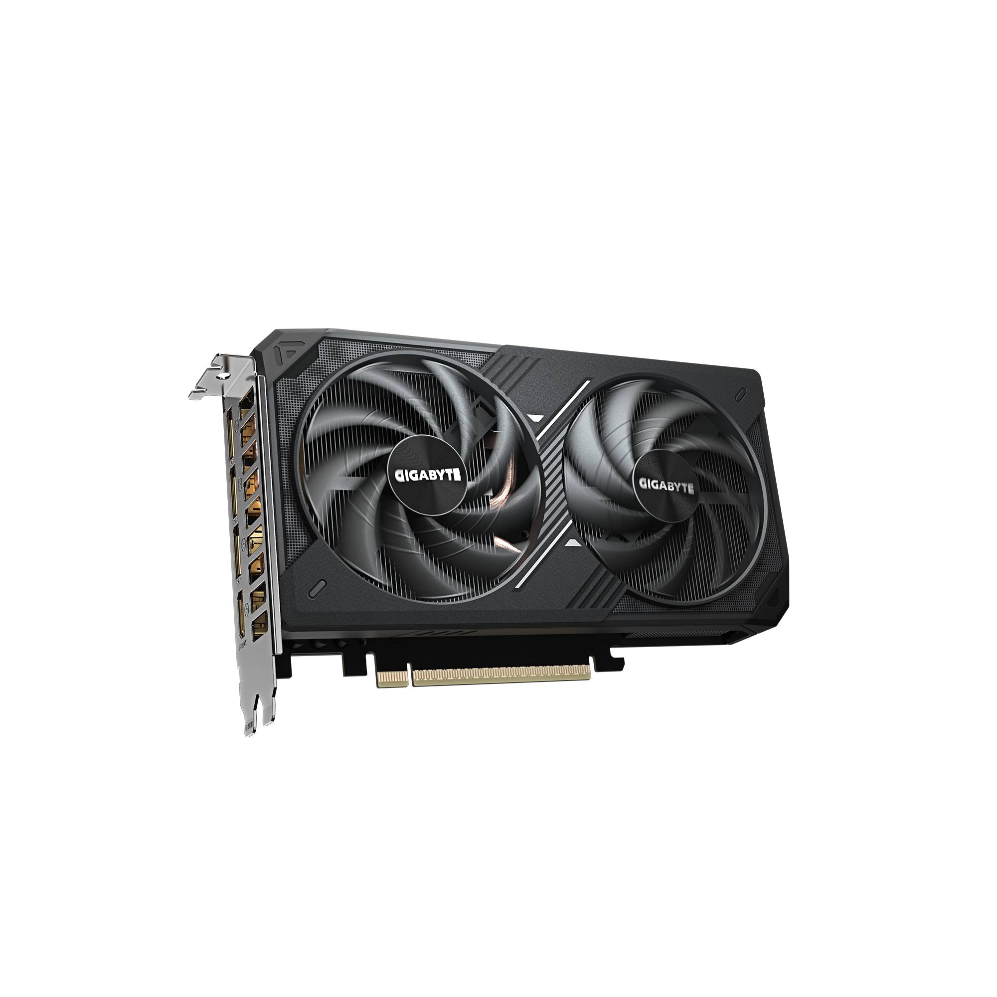 Gigabyte-Grafikkarte mit zwei Lüftern auf schwarzem Hintergrund in schräger Ansicht, um den PCIe-Halter und die Kühlüfter zu zeigen.