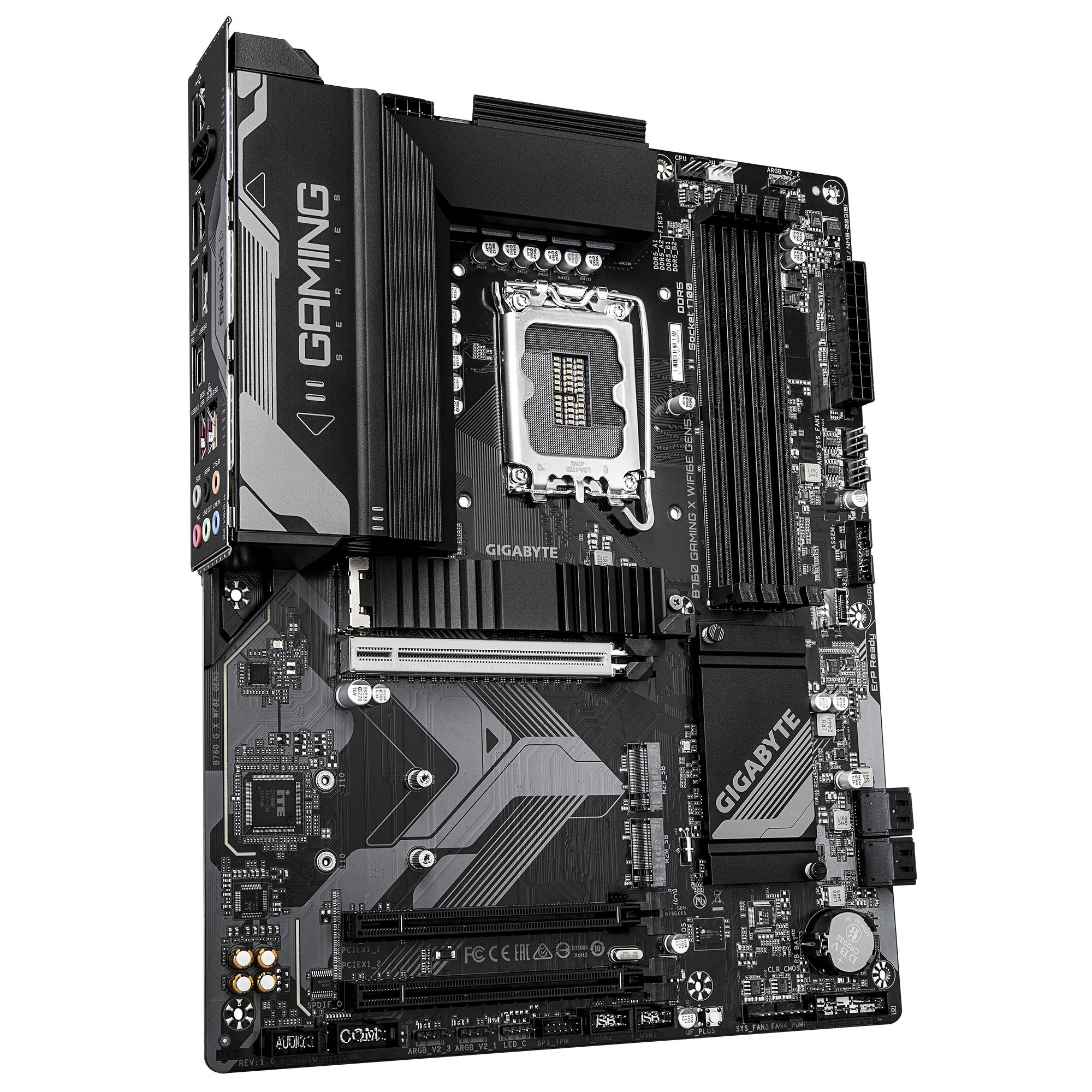 Gigabyte-Gaming-Motherboard mit Intel-CPU-Sockel, RAM-Steckplätzen, PCIe-Steckplätzen und Kühlkörpern auf einer schwarzen Leiterplatte.