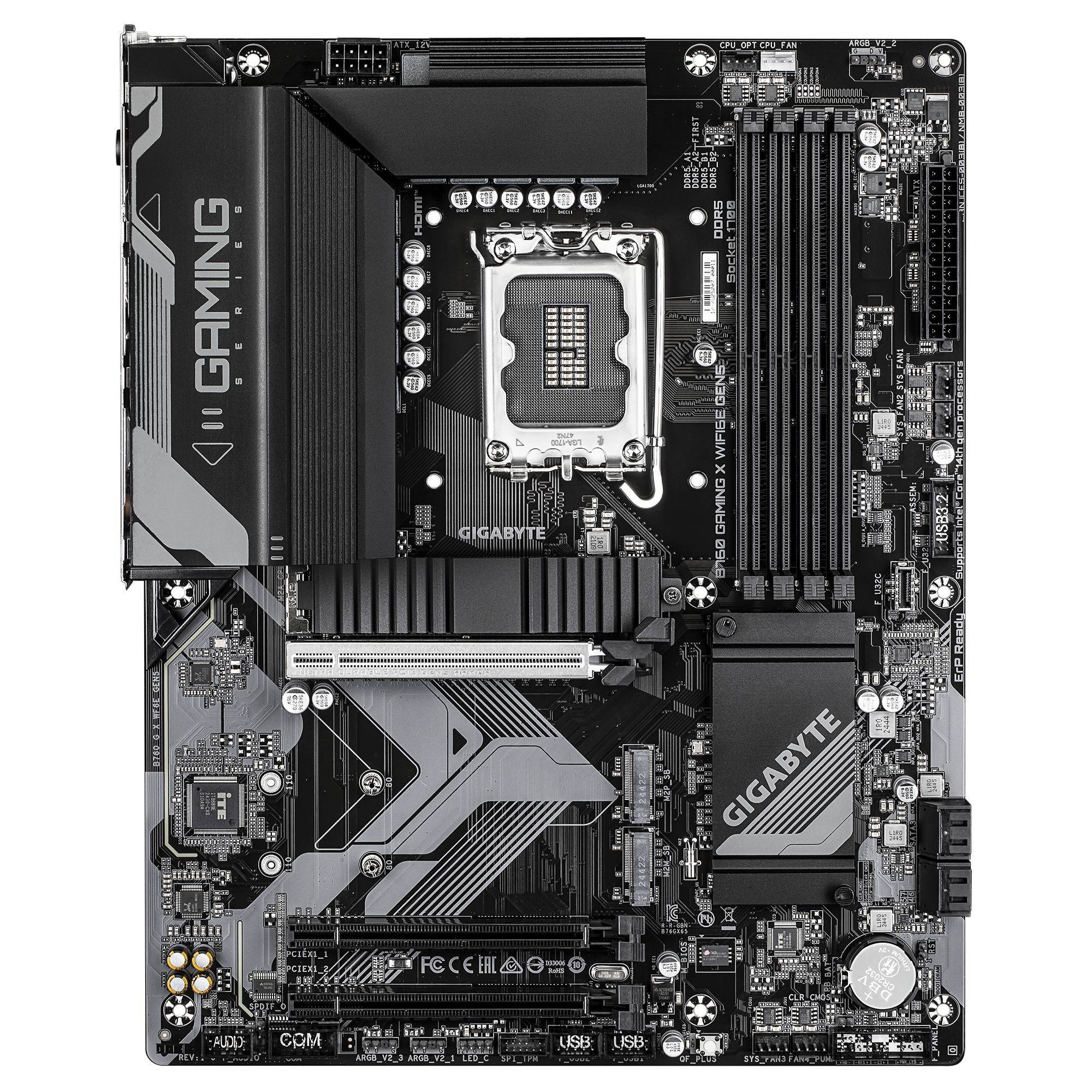 Draufsicht auf ein Gigabyte-Gaming-Motherboard mit CPU-Sockel, RAM-Slots, Erweiterungssteckplätze, Kühlkörper und Stromversorgungs-/Konnektivitätsanschlüsse.