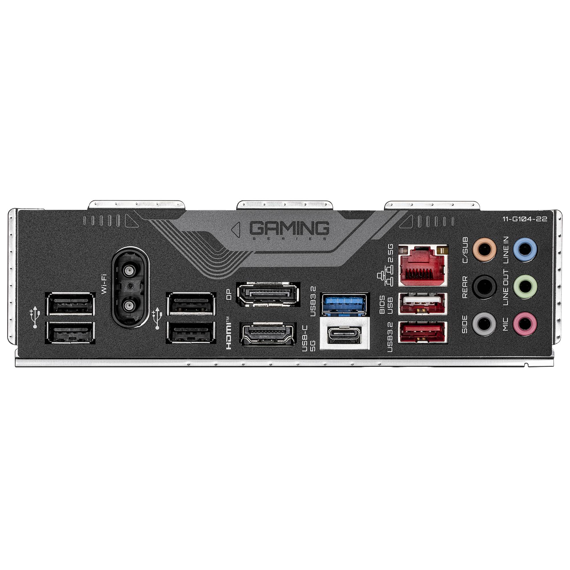 Rückseite eines Gaming-Motherboards mit USB, HDMI/DisplayPort, Ethernet- und Audiobuchsen.