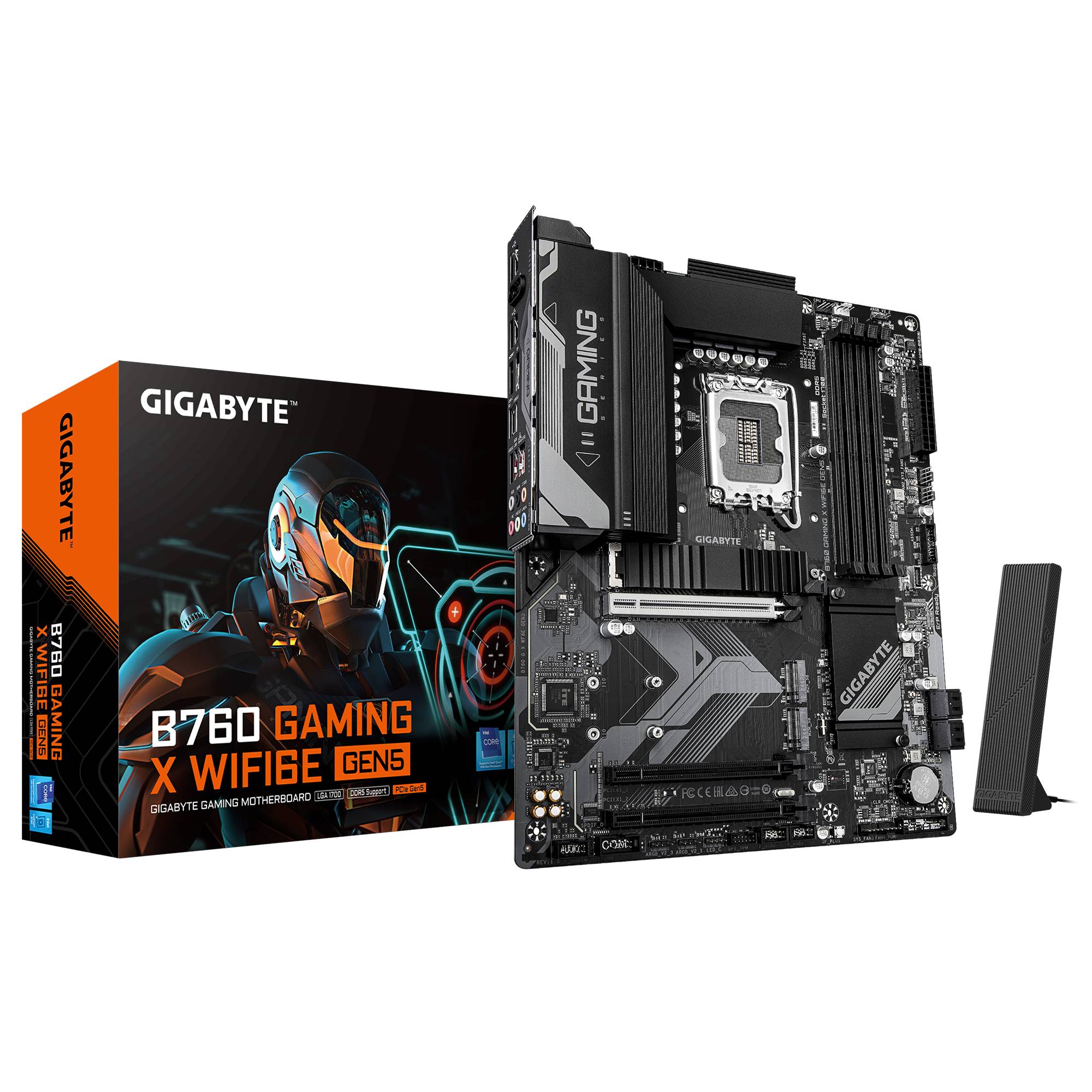 Gigabyte B760 Gaming X WiFi Gens5 Motherboard mit Einzelhandelsverpackung und kabelloses Antennenzubehör.