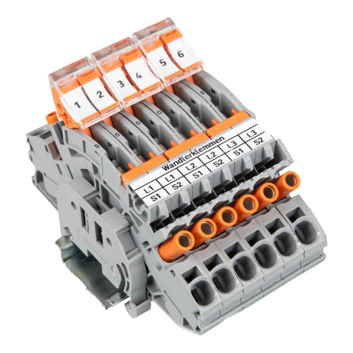 Nummierter grauer Elektroklemmblock mit orangefarbenen Hebeln und beschrifteten Anschllusspunkten für Schaltkreisverkabelung.