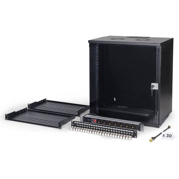 Offener schwarzer Wandmontageschrank mit abnehmbaren Regalen und Patchpanel-Set, plus 30 Ethernet-Kabel