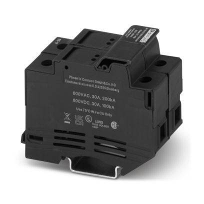 Schwarzer industrieller Sicherungshalter/Modul mit gedruckten Spannungs- und Stromstärkebewertungen auf der Vorderseite