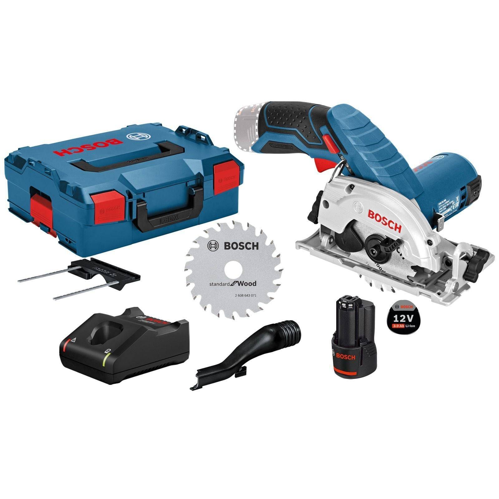 Bosch Akku-Kreissäge-Set mit Ladegerät, Akku, Transportkoffer, Sägeblatt und Zubehör für Holzbearbeitung. Modell 12V mit ergonomischem Griff.