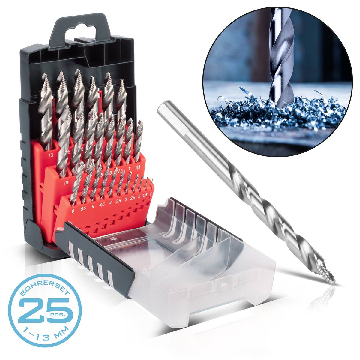 STAHLWERK HSS-Spiralbohrer 25er Set 1-13mm HSS Bohrer Satz für Stahl Acryl Holz