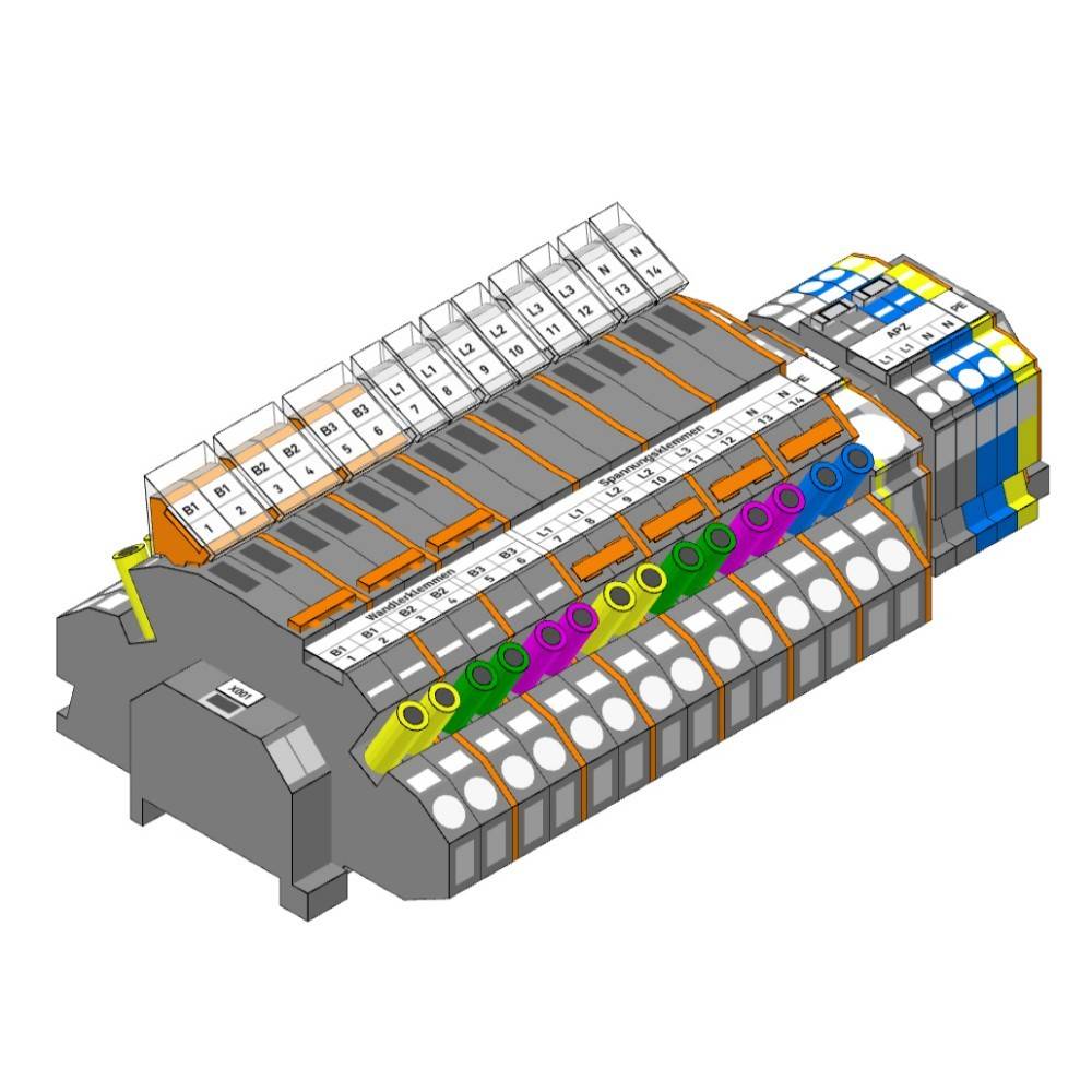 3D-Technische Illustration eines modularen elektronischen Steckverbinderblocks mit nummerierten Anschlüssen, farbcodierter Verdrahtung und beschrifteten Abschnitten.