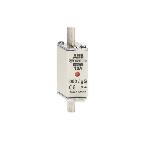 ABB 10A 690V Schmelzsicherung, rechteckige weiße Patrone mit Metallkontakten auf neutralem Hintergrund.