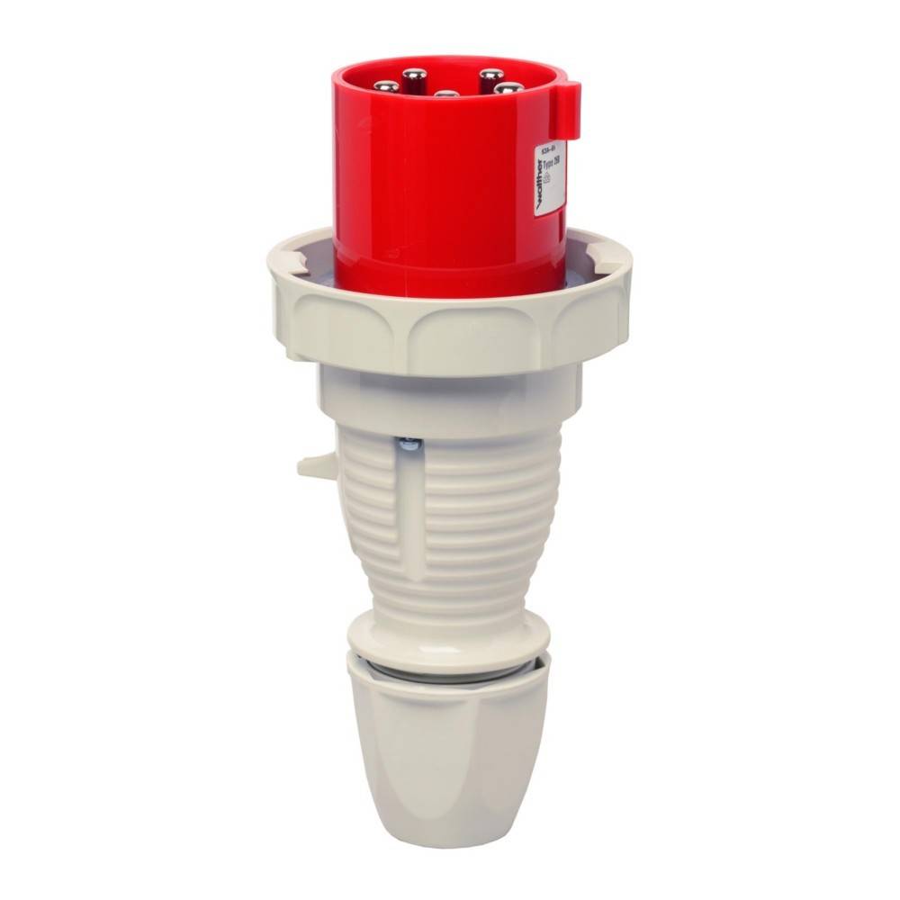 Ein roter und weißer industrieller Elektrostecker mit geripptem Gehäuse und mehreren Metallstiften, konzipiert für robuste Stromverbindungen.