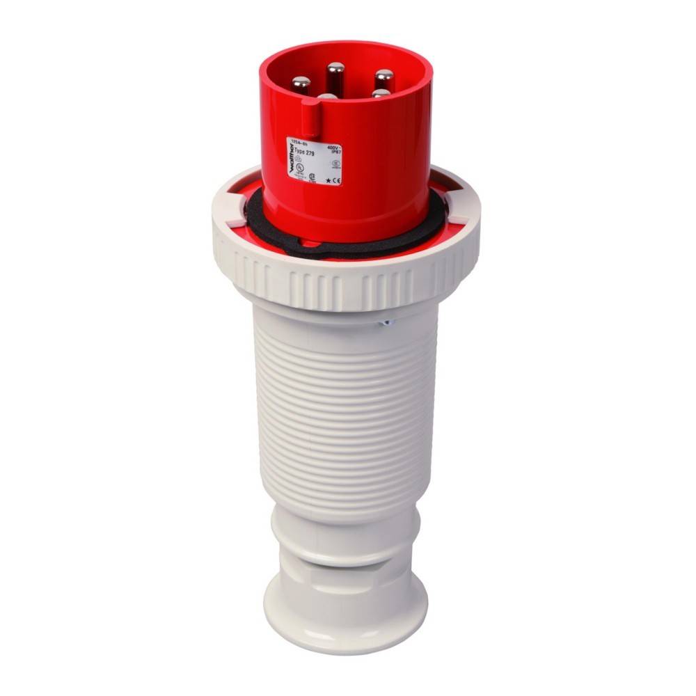 Ein roter industrieller Stecker mit einem gerippten weißen Gehäuse, konzipiert für robuste elektrische Verbindungen, mit fünf Metallstiften an der Oberseite.