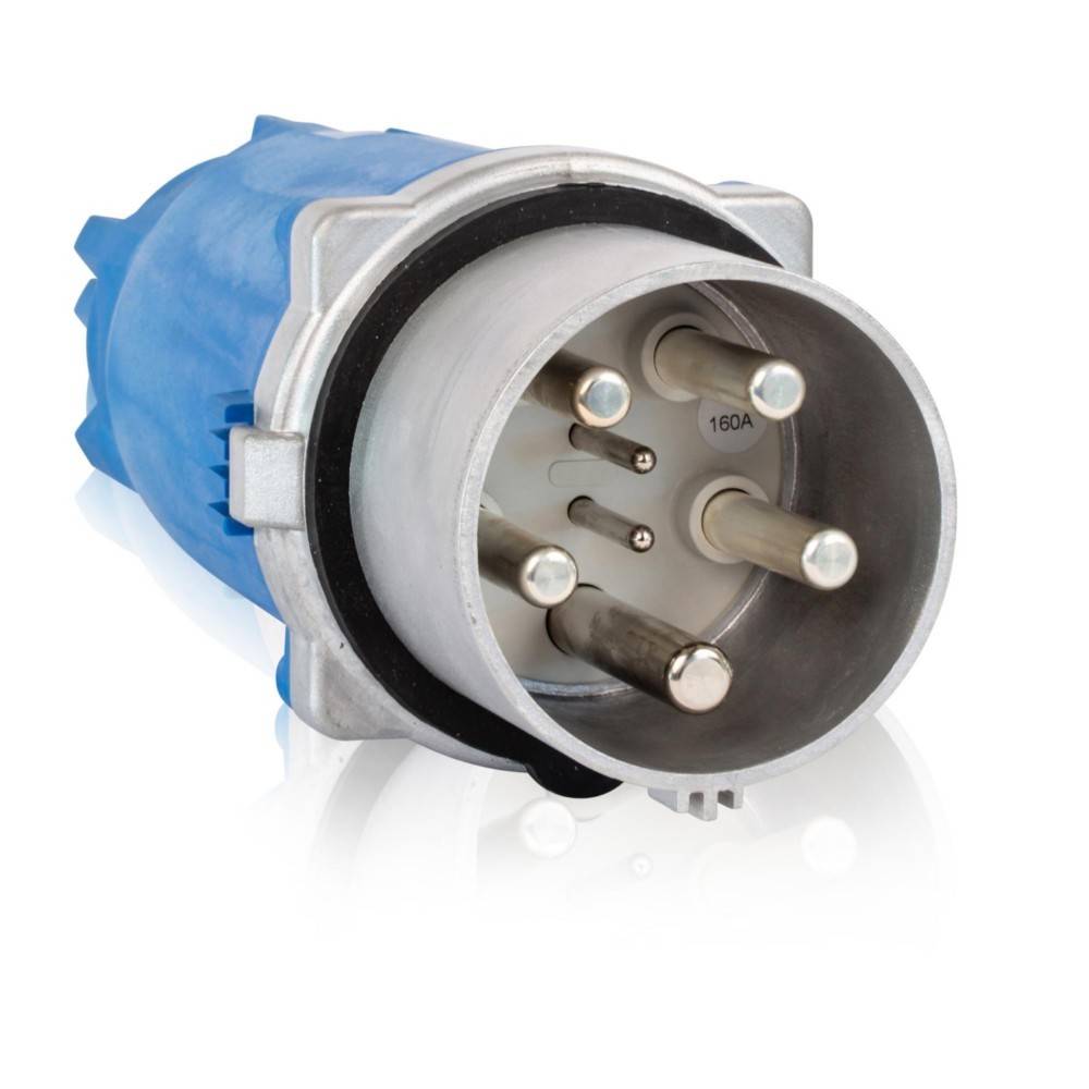 Industrieller Elektrostecker mit blauem Gehäuse und fünf Metallkontakten.