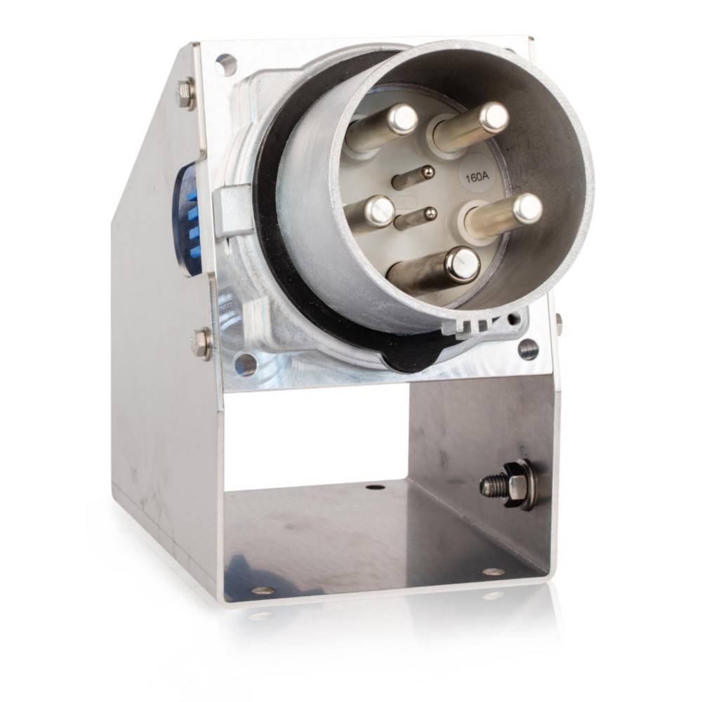 Industrieller Elektrostecker mit fünf Metallstiften und einem Schutzmetallgehäuse, konzipiert für Hochstrom-Stromverbindungen.