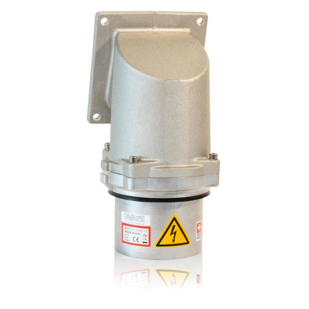 Industrielles Metallbauteil mit einem Warnzeichen, das eine elektrische Gefahr anzeigt, in einem robusten Gehäuse für Sicherheit und Langlebigkeit eingebettet.