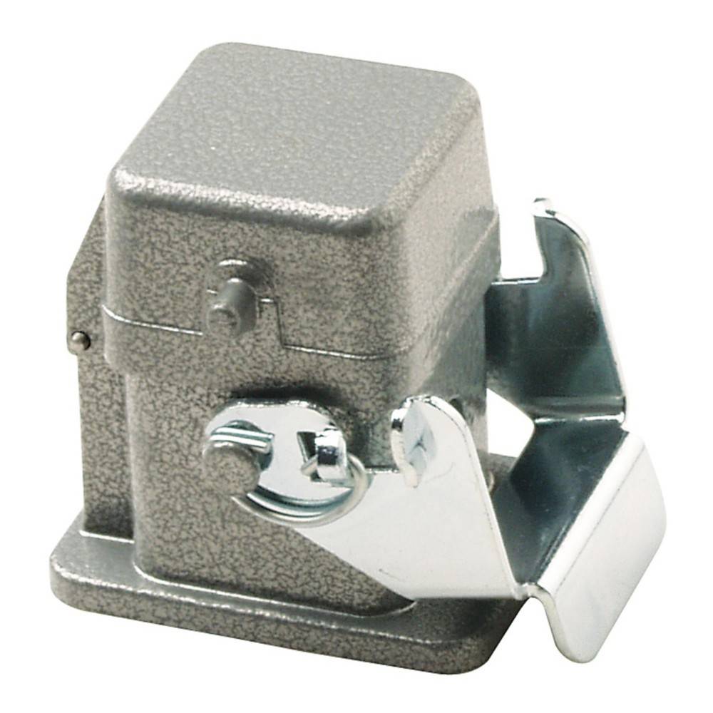 Ein metallischer industrieller Grenzschalter mit einem rechteckigen Gehäuse und einem schwenkbaren Betätiger.