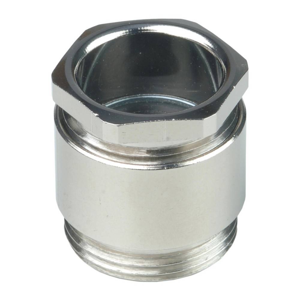 Ein Metallsechskantadapter mit Gewindekanten, der typischerweise zum Verbinden von Rohren oder Schläuchen in der Sanitär- oder Industrieanwendung verwendet wird.