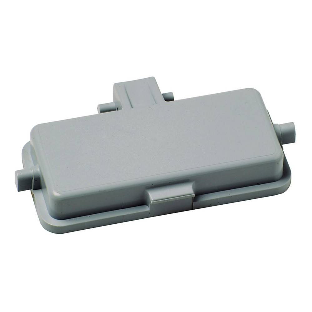 Eine rechteckige graue Kunststoff-Anschlussdose mit zwei seitlichen Anschlüssen und einer zentralen Obersehenextrusion, die zur Aufnahme elektrischer Verbindungen verwendet wird.