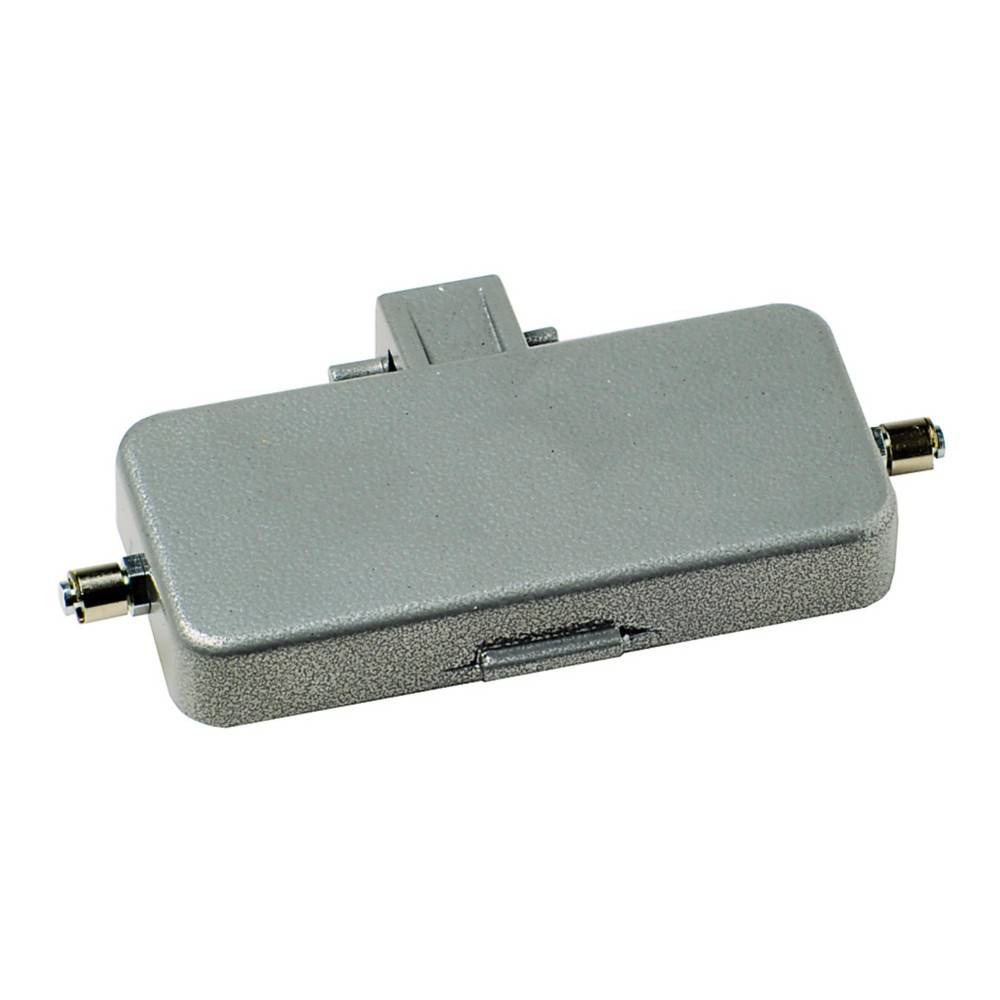 Eine rechteckige, graue Metallkomponente mit Anschlüssen an beiden Enden, wahrscheinlich für elektronische oder Kabelverbindungen verwendet.