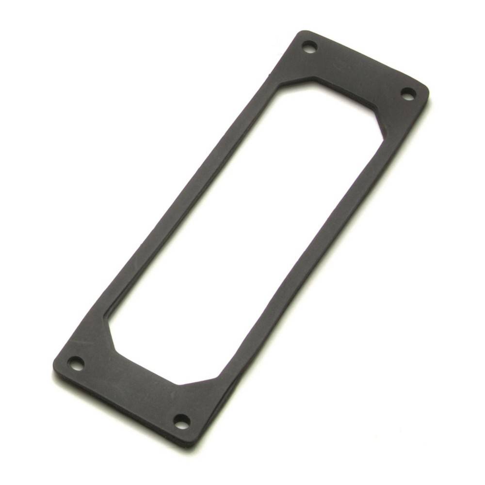 Eine rechteckige schwarze Dichtung mit abgerundeten Ecken und vier Schraubenbohrungen, die zum Abdichten oder Dämpfen konzipiert ist.
