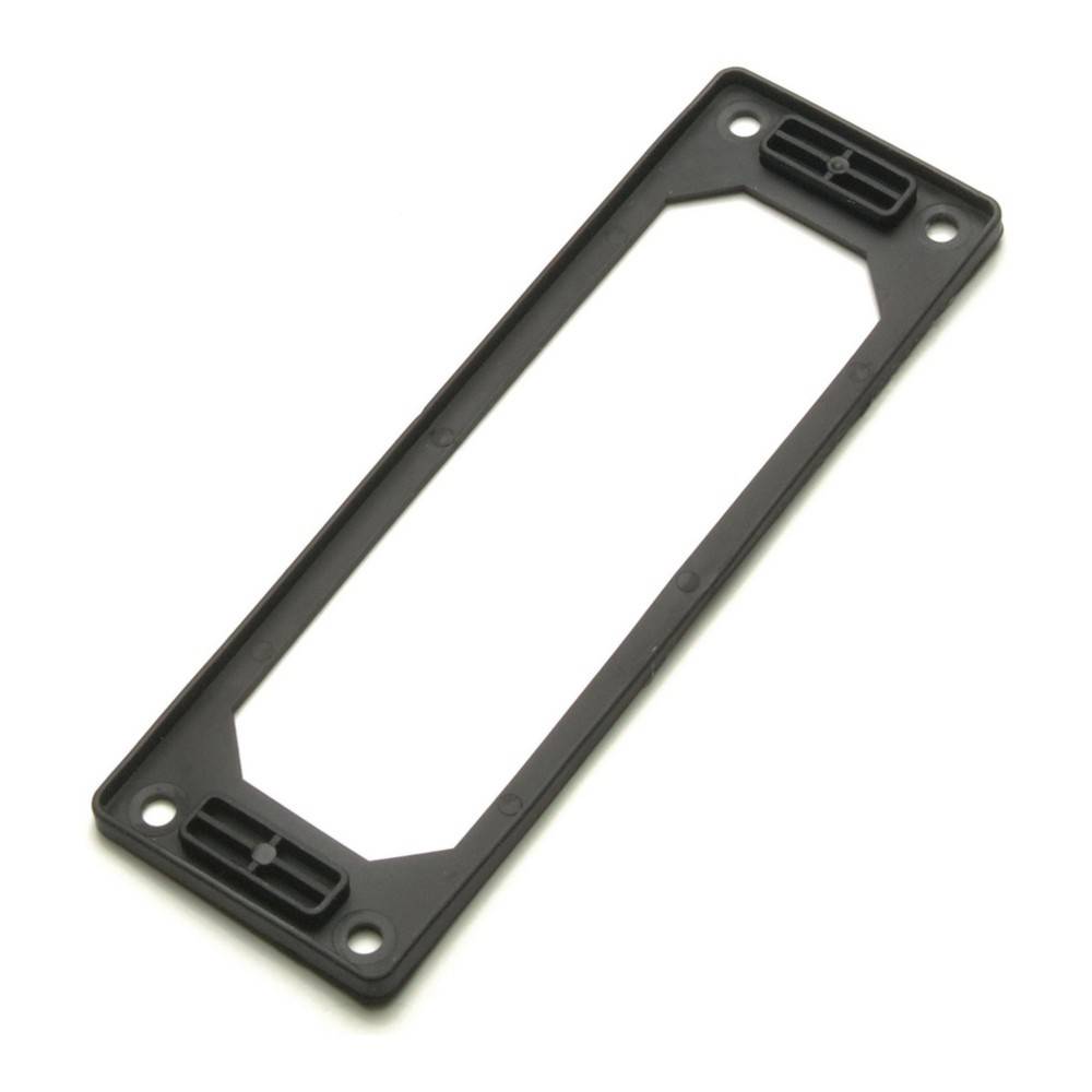 Ein schwarzer rechteckiger Tonabnehmer-Rahmen mit abgerundeten Ecken und Schraublöchern an jeder Ecke, der zum Befestigen von Tonabnehmern an Gitarren verwendet wird.