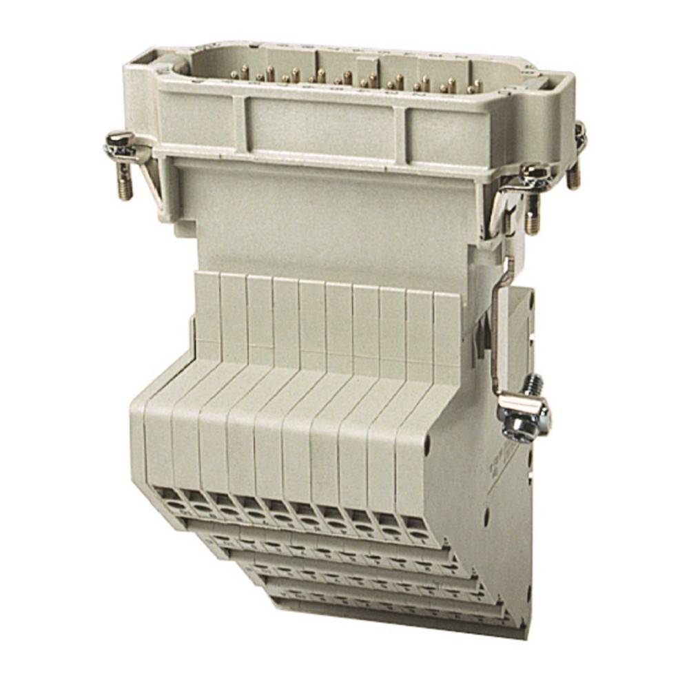 Ein grauer industrieller rechteckiger Anschluss mit mehreren Stiftöffnungen und Schraubklemmen, der für elektrische Verbindungen in Maschinen verwendet wird.