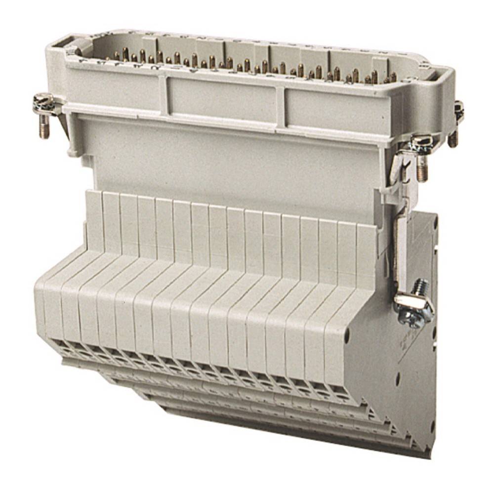 Ein grauer elektrischer Steckverbinder mit mehreren Pins und Schlitzen wird gezeigt, der eine Befestigungsmechanik und ein gestuftes Design zur Ausrichtung aufweist.