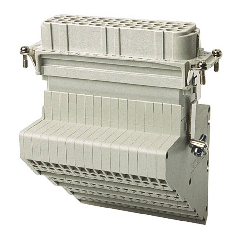 Ein grauer, blockartiger elektrischer Anschlussblock mit mehreren Verbindungspunkten und zwei Schrauben, der zur Schaltungs- oder Verdrahtungsverbindung verwendet wird.