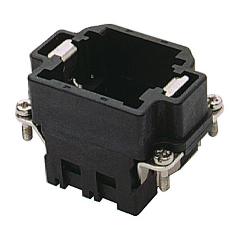 Bild einer schwarzen Kunststoff-Elektrosteckdose mit Metallbefestigungen, die üblicherweise zum Anschluss von Kabeln oder elektronischen Komponenten verwendet wird.