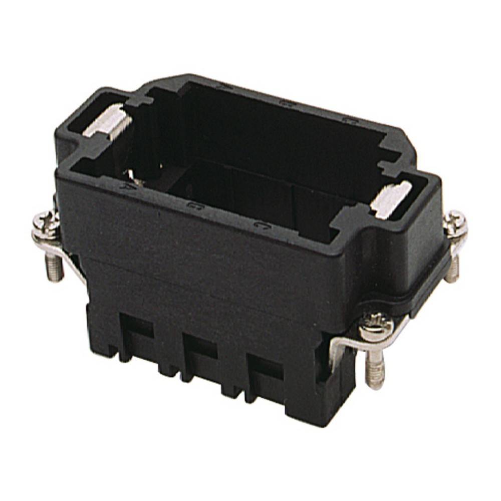 Eine schwarze rechteckige elektronische Anschlussbuchse mit Metallschrauben an den Seiten, die für eine sichere Befestigung in elektronischen Geräten konzipiert ist.