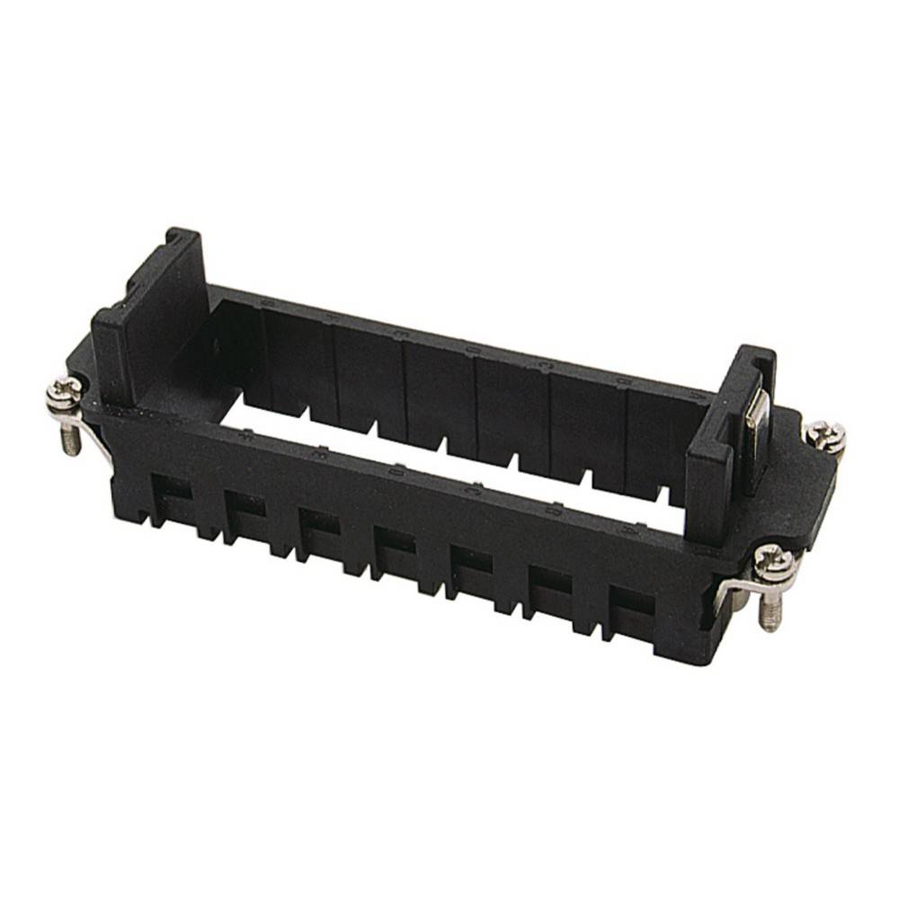 Schwarze rechteckige Komponente mit mehreren Steckplätzen und Anschlüssen an jedem Ende für elektrische oder elektronische Ausrüstung.