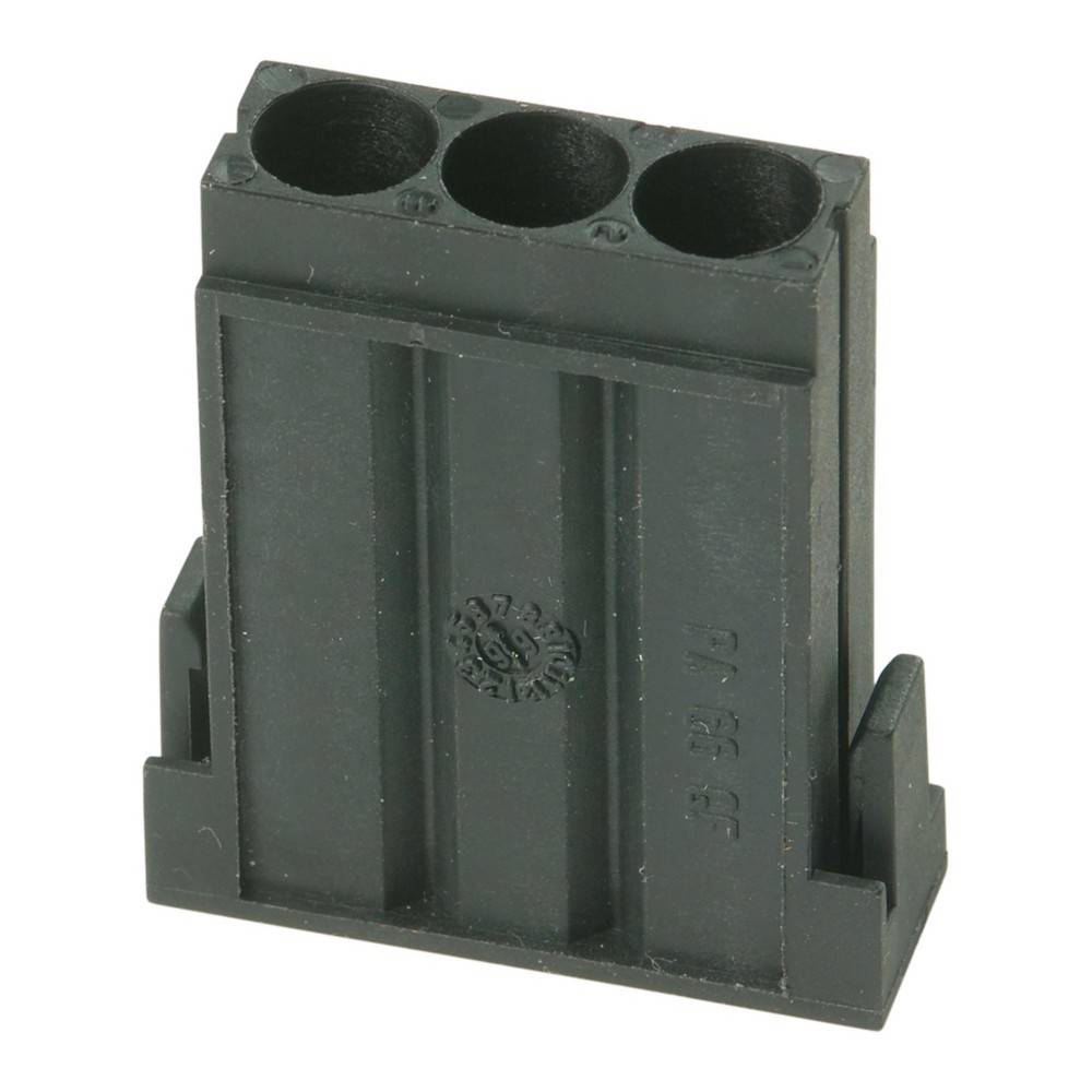 Ein schwarzer, dreipoliger elektrischer Anschlussklemmenblock, der zum Verbinden von Drähten konzipiert ist.