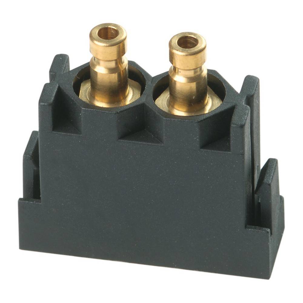 Ein dualer Metallverbinder, eingebettet in einem schwarzen Kunststoffgehäuse, mit zwei hervorstehenden Messingbuchsen an der Oberseite.
