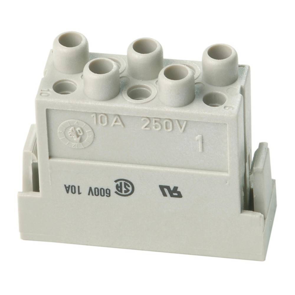 Elektrische Anschlussklemme '10A 250V', 5 Steckplätze für Drahtverbindungen, mit '600V 10A' gekennzeichnet und Sicherheitszertifizierungen, Gehäuse aus grauem Kunststoff.