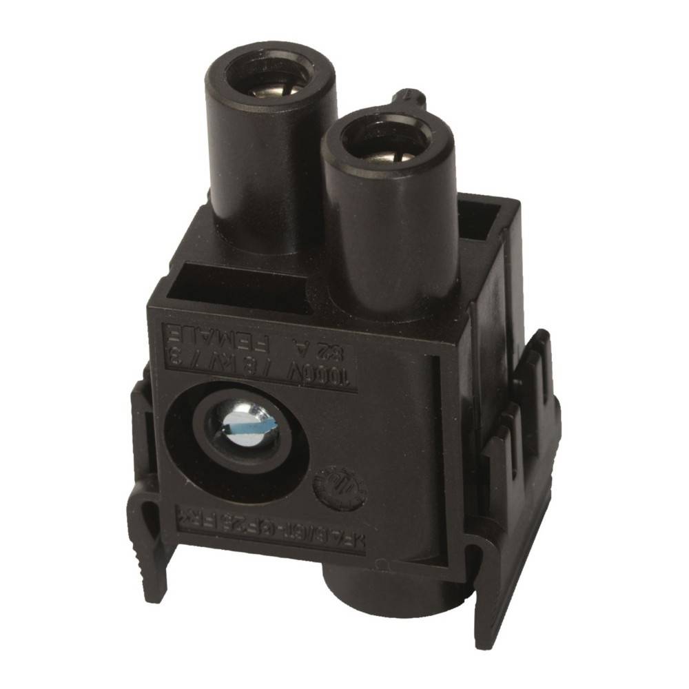 Ein schwarzer elektrischer Verbindungsblock mit zwei zylindrischen Buchsen auf der Oberseite und einem kleinen Loch in der Mitte, verwendet für Verkabelung und elektrische Anwendungen.