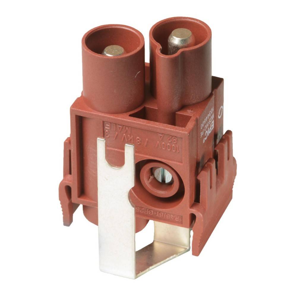 Elektrische Komponente mit zwei roten zylindrischen Anschlüssen und einer Metallklammer, höchstwahrscheinlich ein Klemmenblock oder Schütz, verwendet in Verdrahtungssystemen.