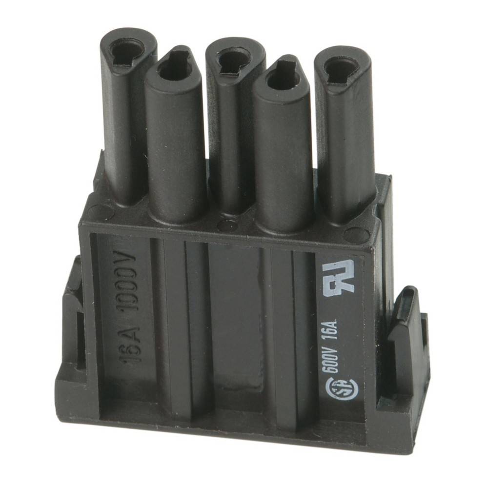 Ein schwarzer, fünflöchriger elektrischer Anschluss, ausgelegt für 16A und 600V, mit Zertifizierungssymbolen und Spannungsmarkierungen an seiner Seite.