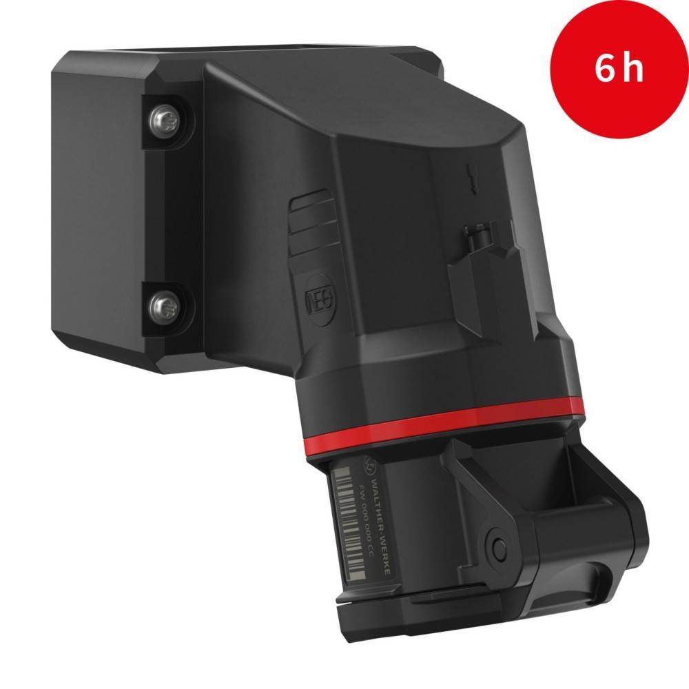 Ein schwarzes und rotes elektronisches Gerät mit einer '6h'-Beschriftung in einem roten Kreis, was auf eine Dauer oder Funktion von sechs Stunden hinweist.