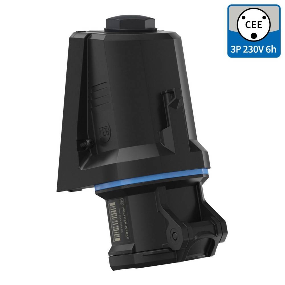 Ein industrietauglicher schwarzer und blauer Elektrostecker für 3P 230V 6h-Anschlüsse, der ein kompaktes, robustes Design mit CEE-Zertifizierung aufweist.