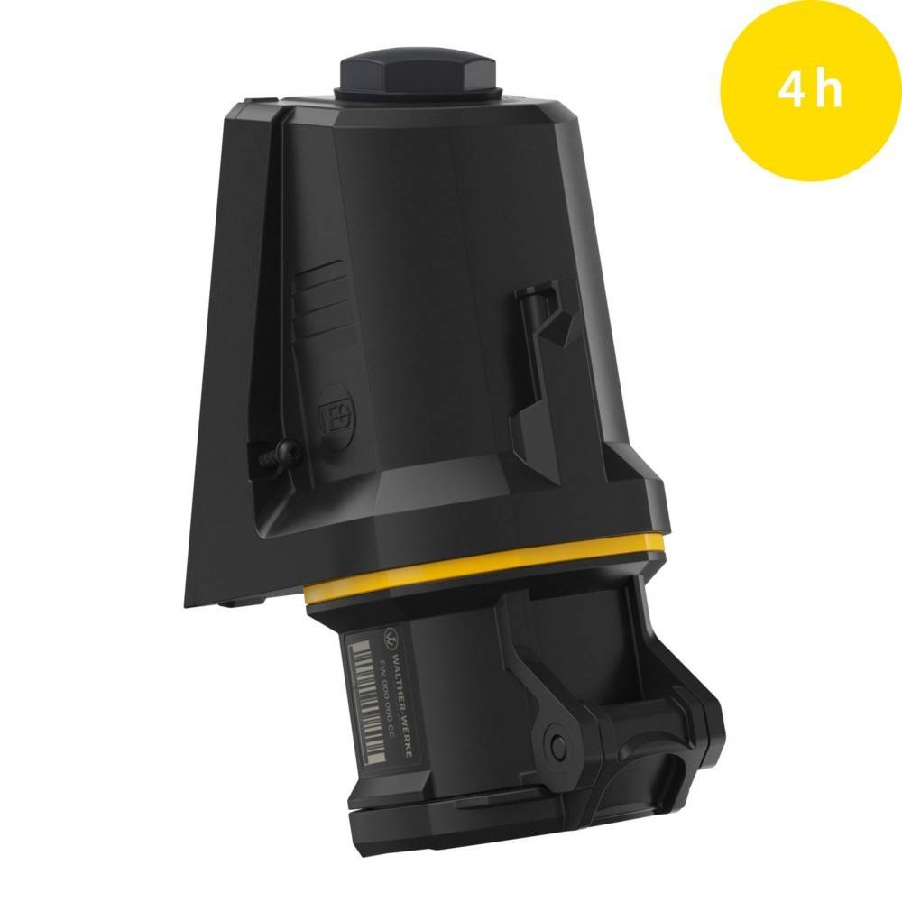 Batterie-Ladegerät-Design mit einem gelben Band und einem '4h'-Symbol, das eine vierstündige Ladezeit anzeigt, vor einem einfarbigen Hintergrund.