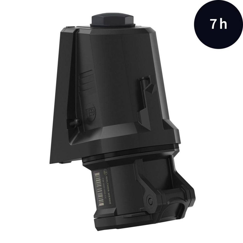 Ein schwarzes, eckiges Gerät mit einem zylindrischen Oberteil, markiert mit '7h' in einem dunklen Kreis, was auf Batterielaufzeit oder Dauer hinweist.