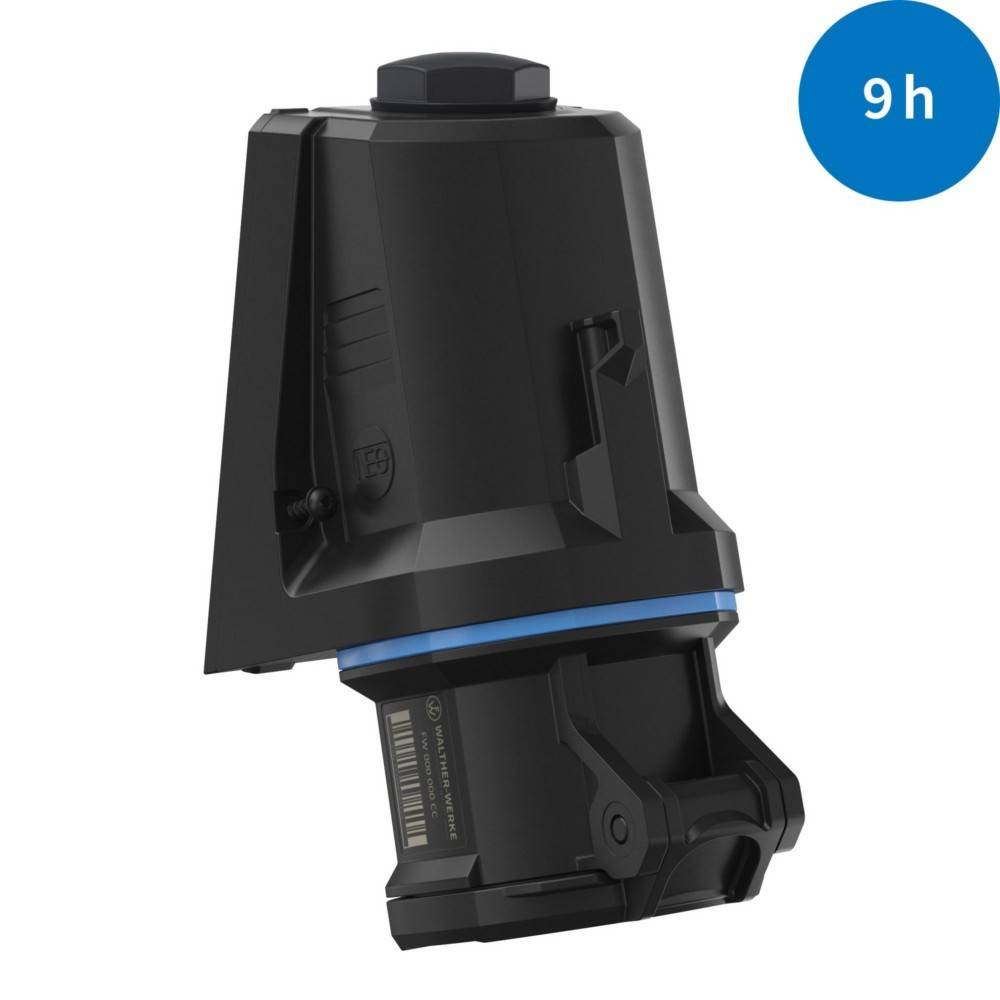 Eine schwarze wiederaufladbare Batterie mit einem blauen Streifen, gekennzeichnet mit ‚9h' in einem blauen Kreis in der Ecke, was eine Batterielaufzeit von 9 Stunden anzeigt.